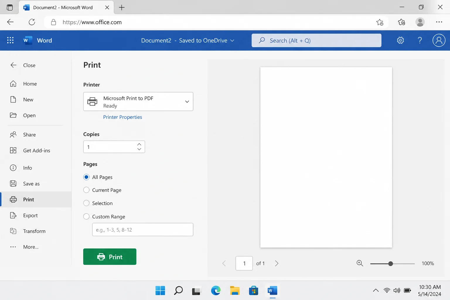 Word for the web's File > Print panel with the Print button that triggers the browser print flow