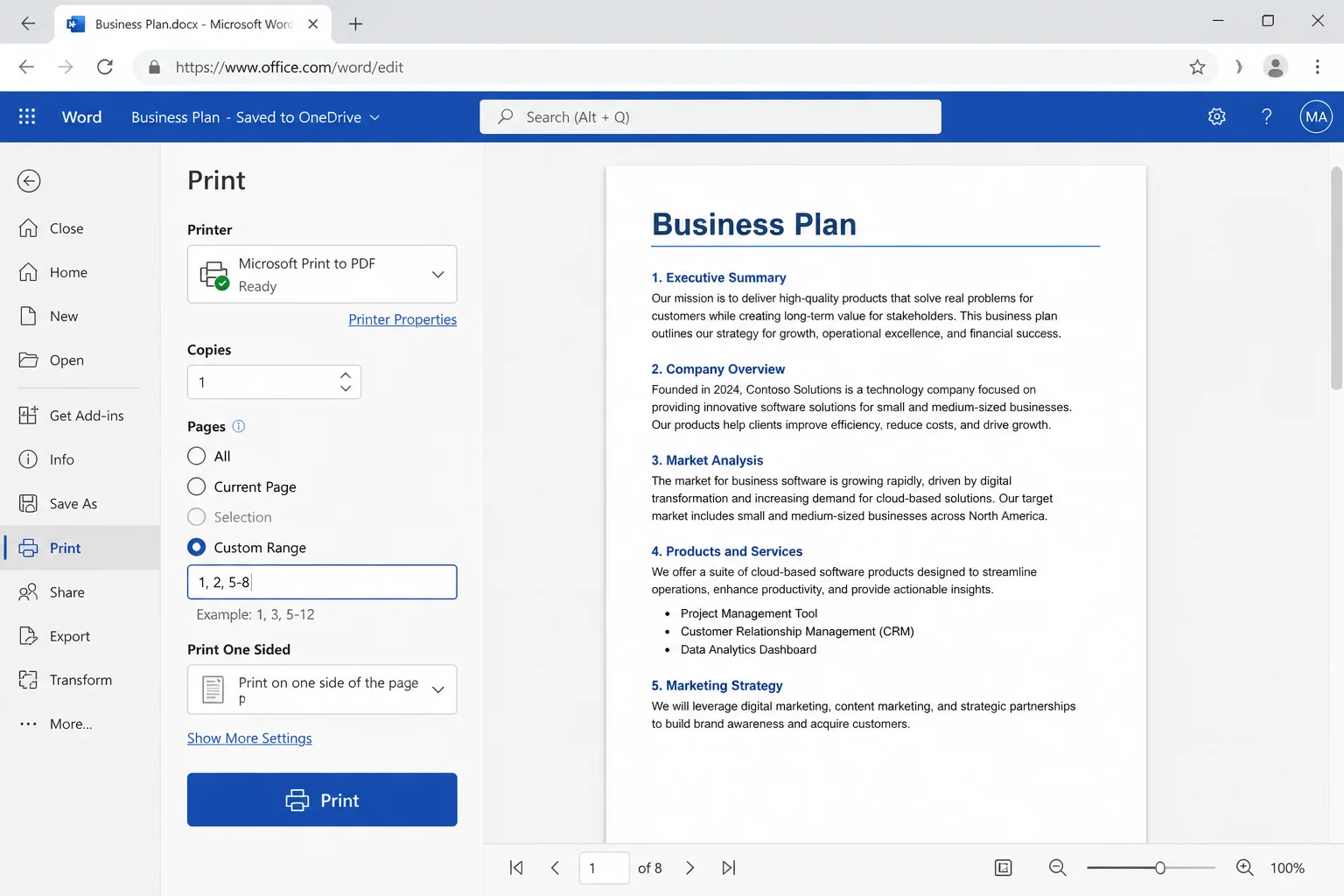 Browser print dialog opened from Word for the web, showing the Pages field with a custom range entered and a print preview of the document
