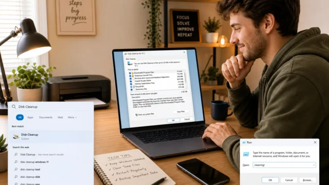 A man in a hoodie sits at a wooden desk, smiling at a laptop displaying a disk cleanup window and a notebook with tech tips nearby.
