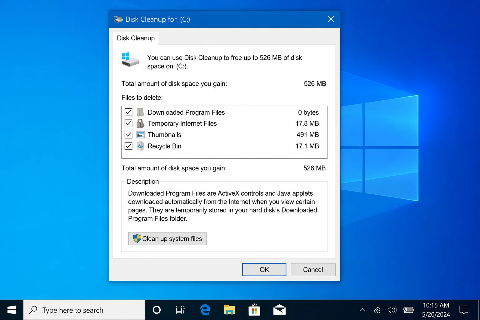 Disk Cleanup dialog showing file categories with checkboxes including Temporary Internet Files, Downloaded Program Files