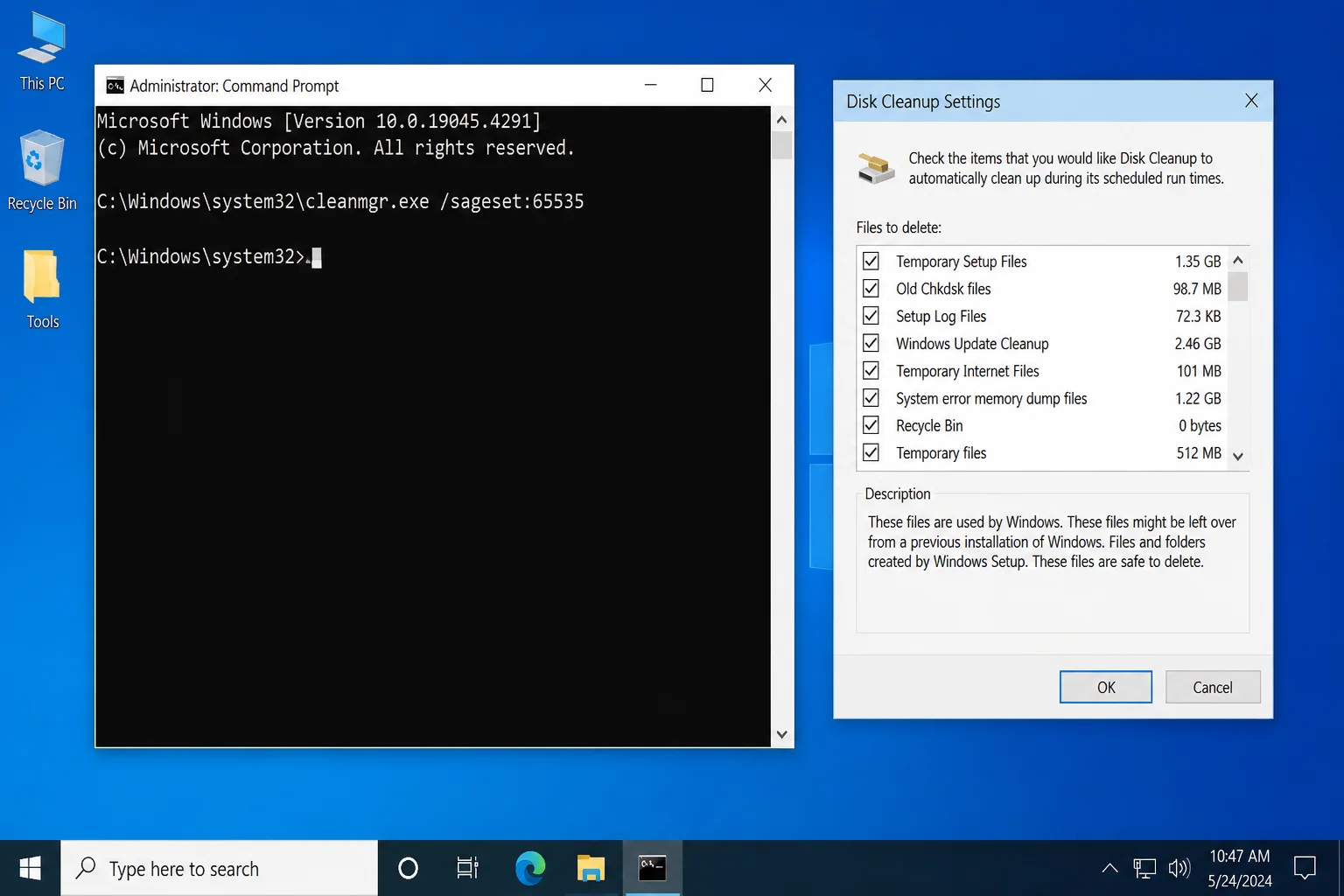Elevated Command Prompt with the Cleanmgr /sageset:65535 command entered, alongside the extended Disk Cleanup configuration