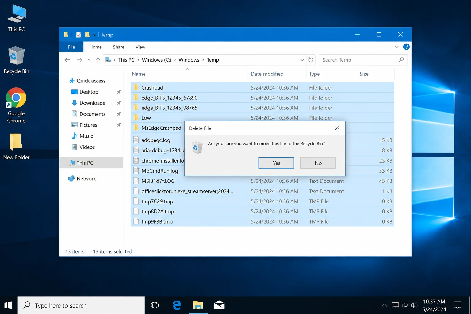 File Explorer opened to the %temp% folder with all files selected and a Windows delete confirmation dialog visible