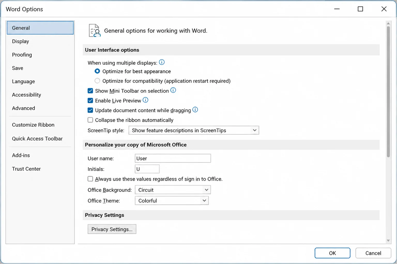 Word Options dialog open, showing the left-hand navigation panel with categories including General, Display, Proofing, Save, Language, and others