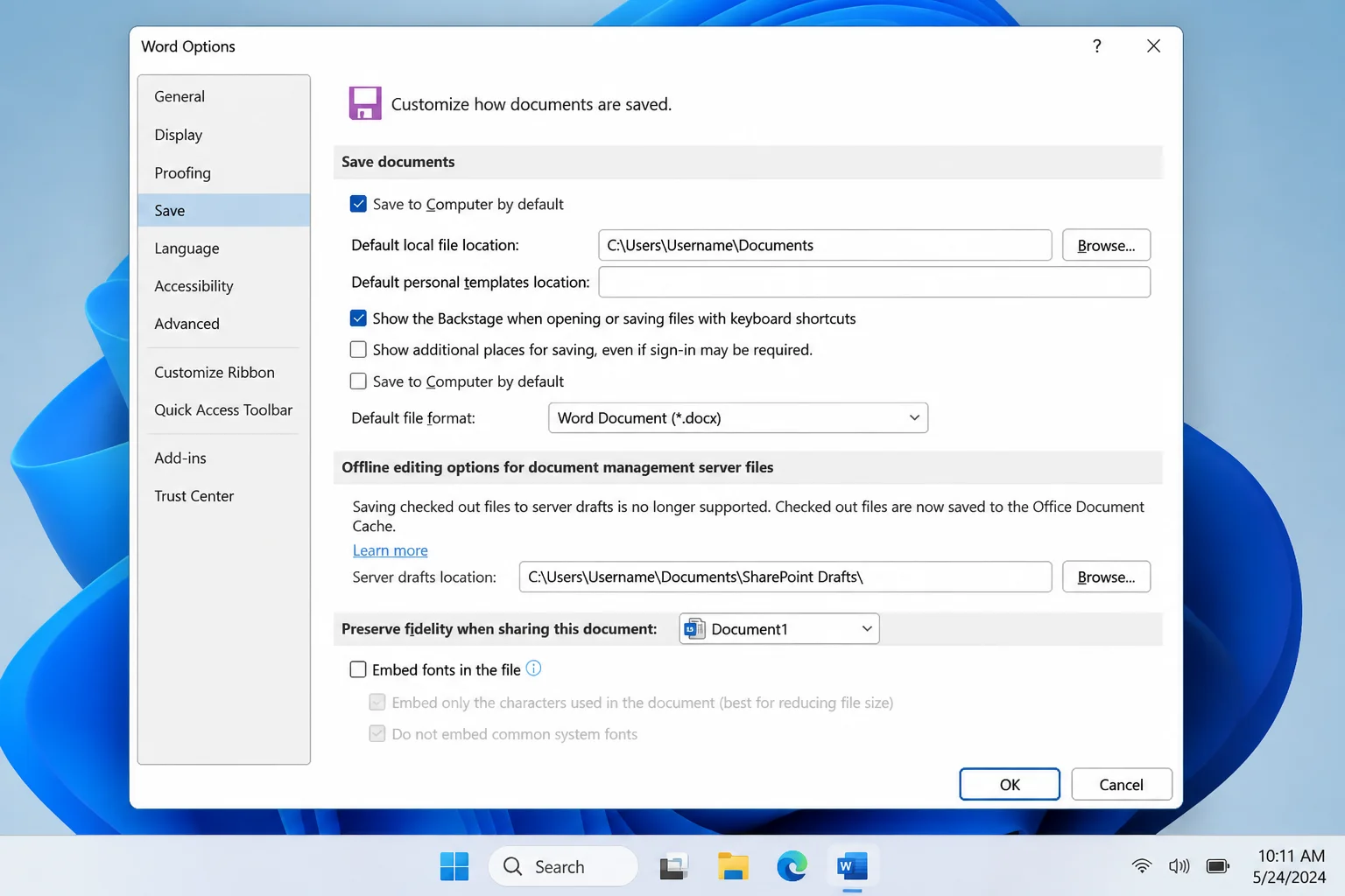 Word Options dialog open to the Save tab, showing the 'Save documents' section with the 'Save to Computer by default' checkbox and the 'Default local file location' text field visible