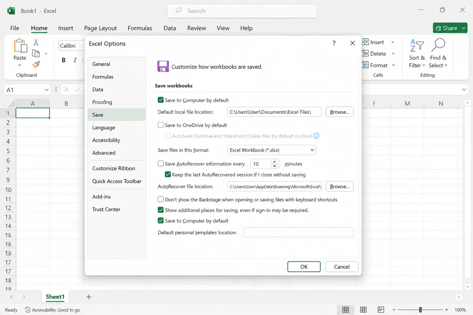 Excel Options dialog open to the Save tab, showing the identical layout to Word with the 'Save to Computer by default' checkbox highlighted