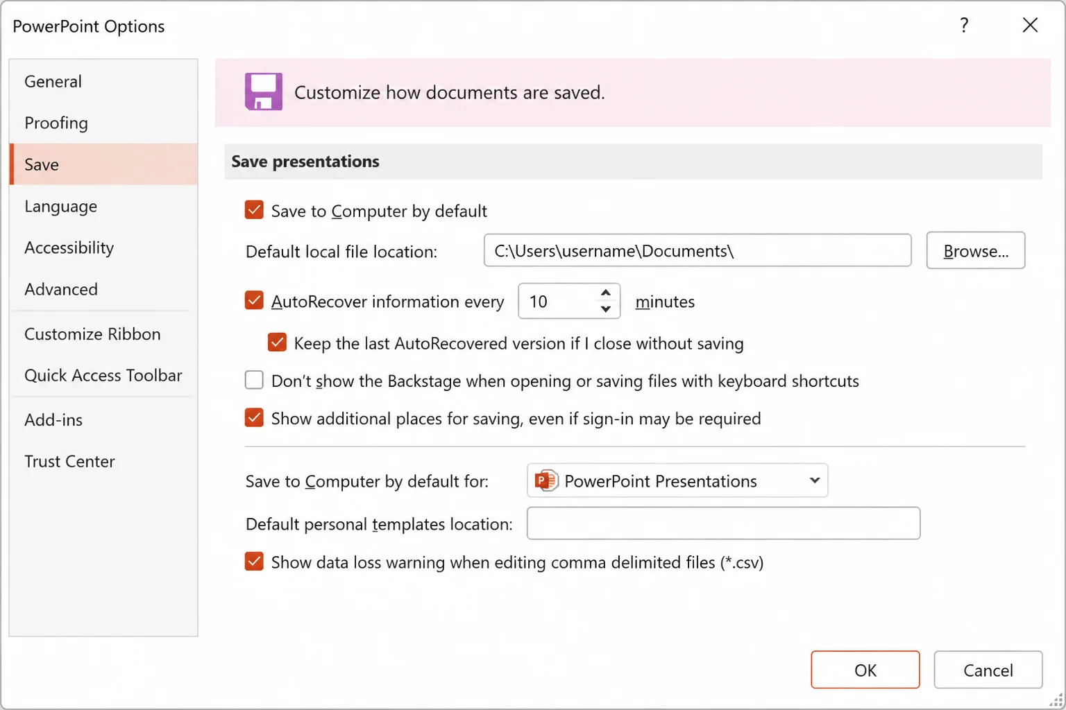 PowerPoint Options dialog open to the Save tab, showing the same 'Save to Computer by default' checkbox layout as Word and Excel