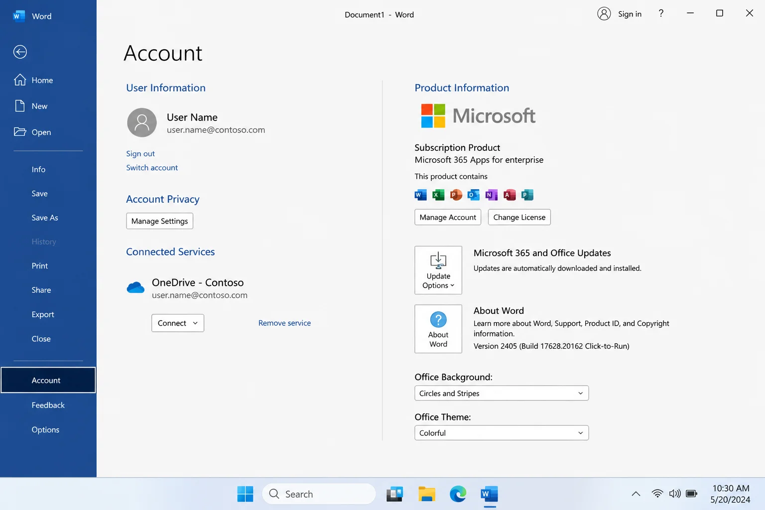 Word File/> Account panel showing the Connected Services section with OneDrive listed as a connected service and a Remove link visible next to it”/></figure>



<h3 class=