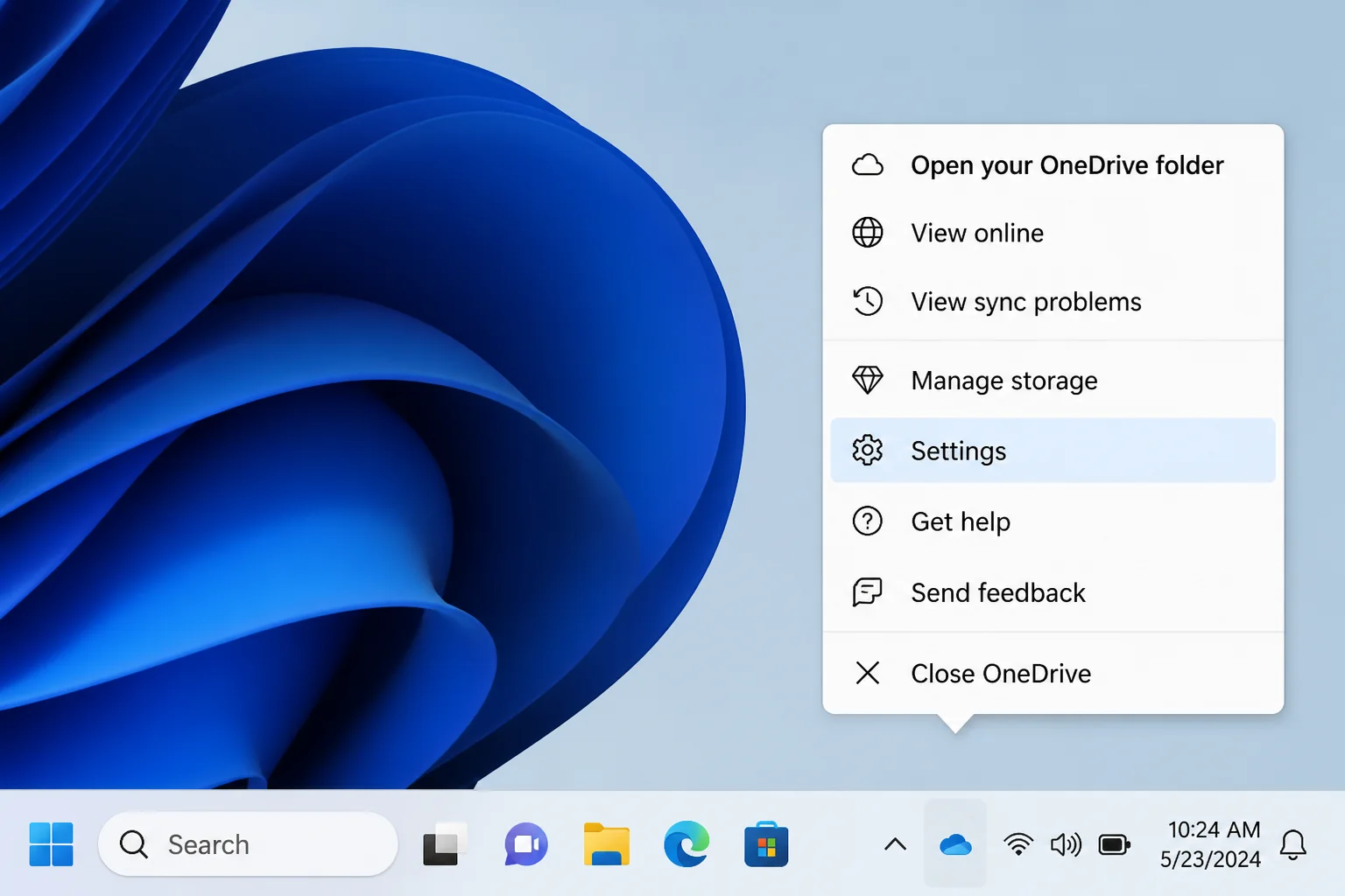 Windows system tray showing the OneDrive cloud icon right-clicked, with a context menu open and the Settings option highlighted
