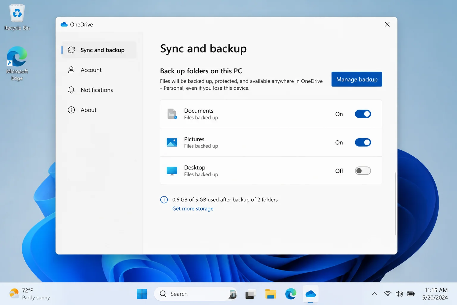 OneDrive Settings dialog open on the Sync and backup tab, showing the 'Manage backup' button