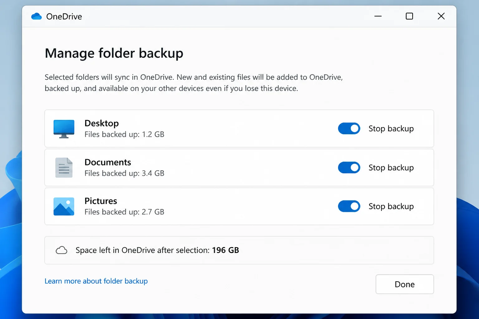 OneDrive Manage backup panel showing Desktop, Documents, and Pictures folder entries with backup toggle controls — illustrating where to stop backup for each folder