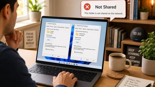 Person working on a laptop with a pop-up saying Not Shared, indicating folders aren’t shared on the network.