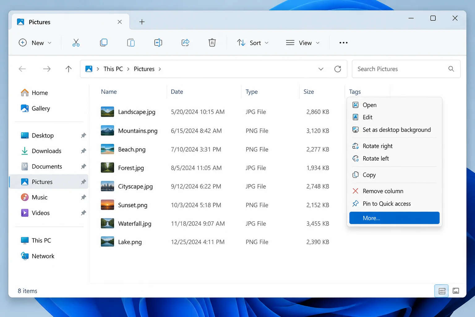 File Explorer Details view with a right-click context menu open on the column header row, highlighting the "More..." option