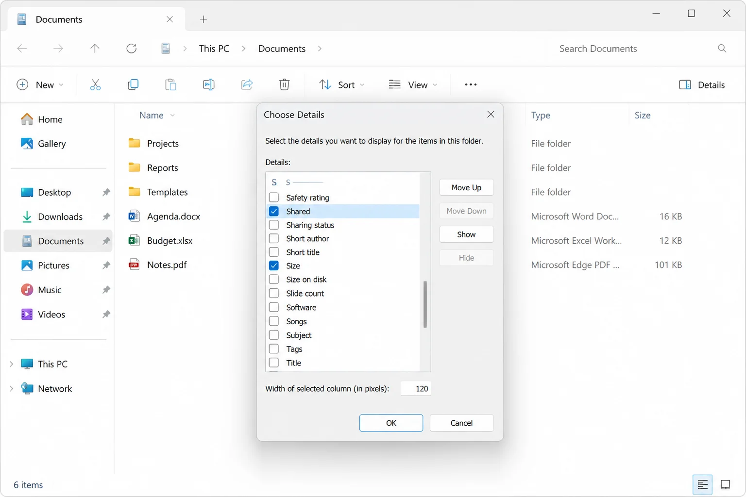 Windows 11 Choose Details dialog opened from File Explorer column headers, scrolled to the Shared checkbox which is checked and highlighted