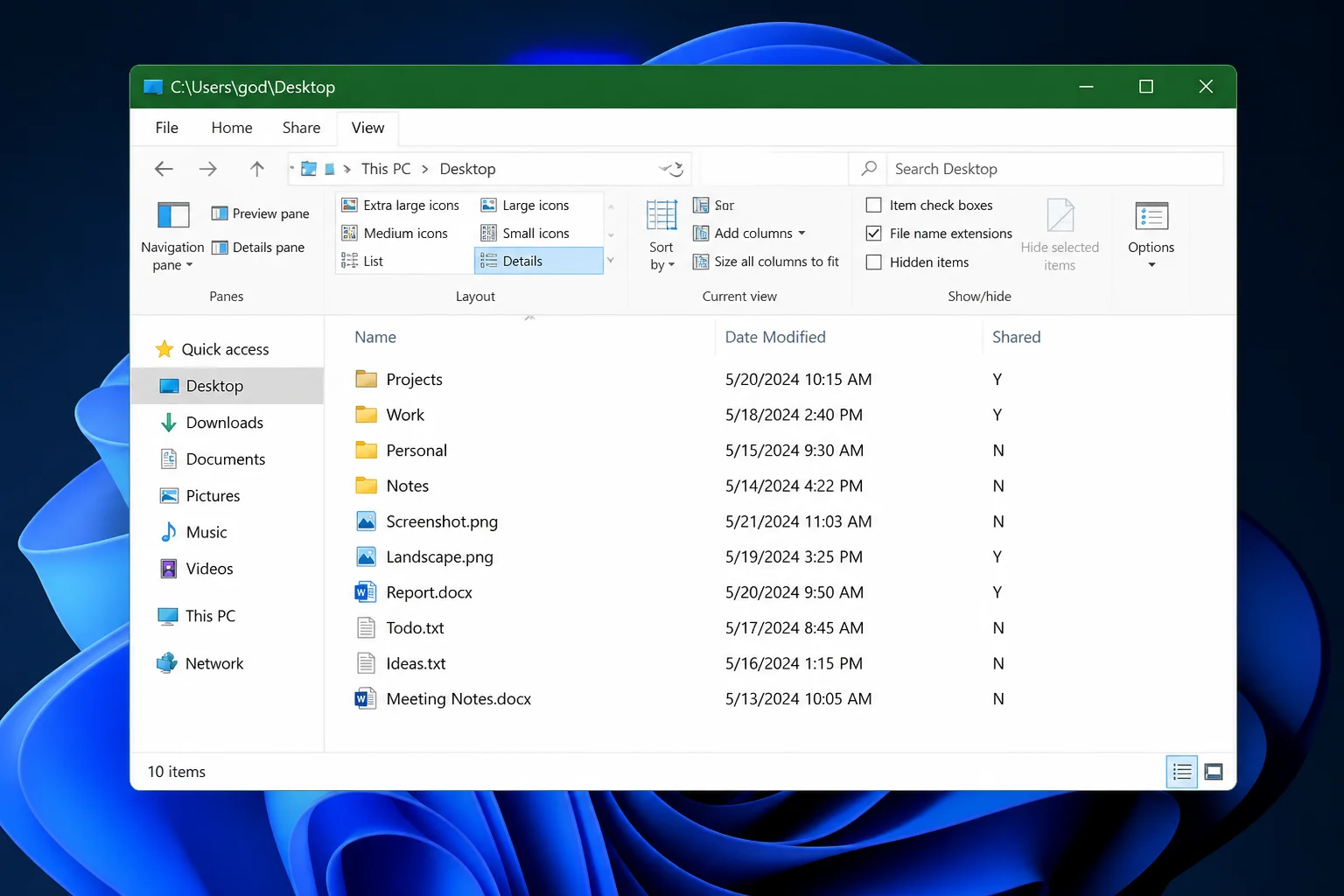File Explorer Details view with a "Shared" column visible alongside Name and Date Modified, showing Y next to shared folders