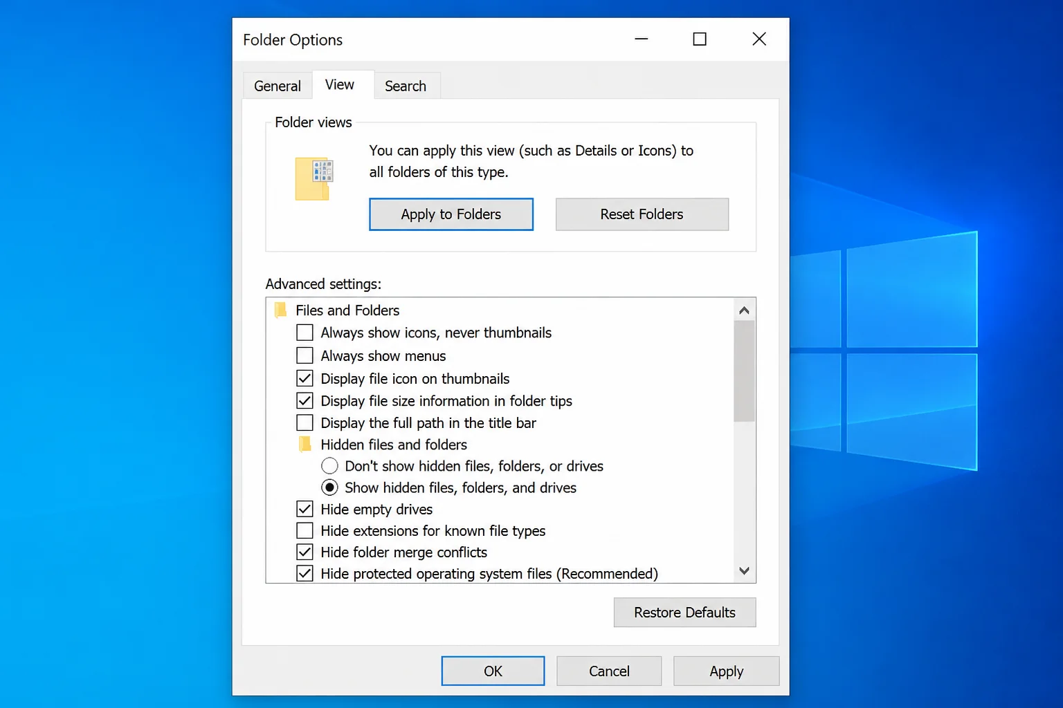 Folder Options dialog open on the View tab with the "Apply to Folders" button highlighted
