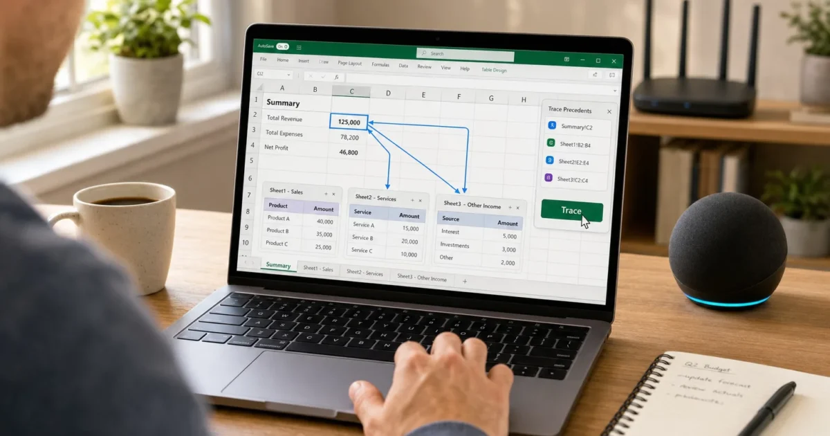 Person typing on a laptop at a wooden desk, with an Excel spreadsheet and chart visible on the screen, a coffee mug beside the laptop, and a notebook nearby.