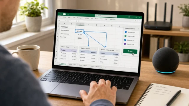Person typing on a laptop at a wooden desk, with an Excel spreadsheet and chart visible on the screen, a coffee mug beside the laptop, and a notebook nearby.