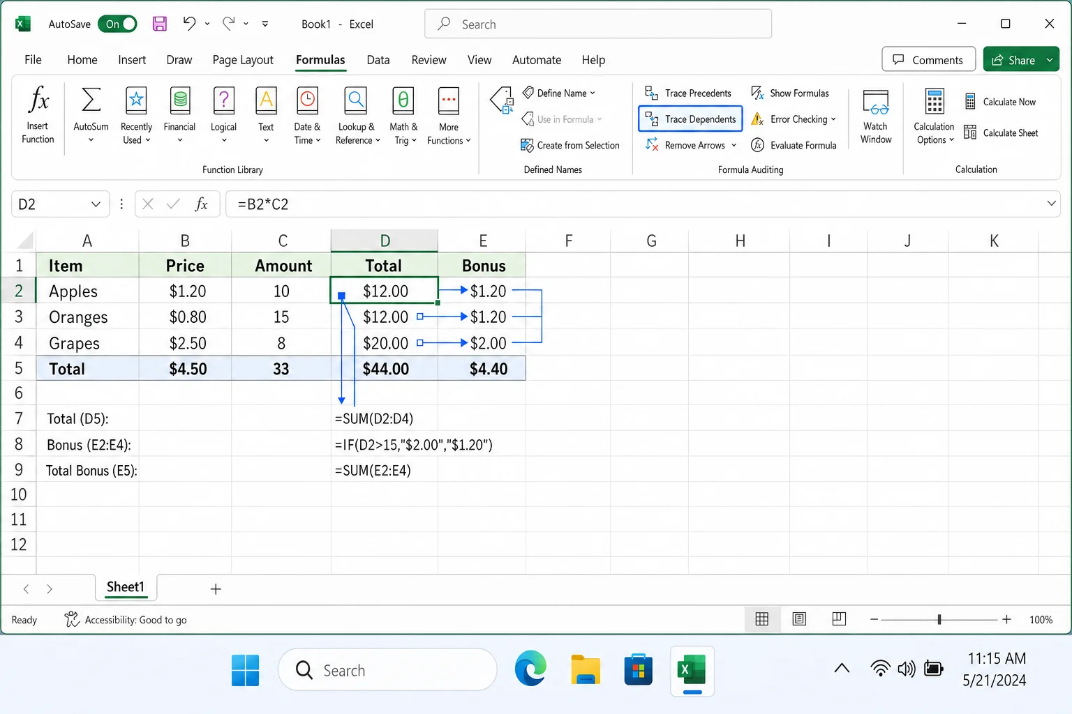 Excel ribbon with the Formulas tab open, Formula Auditing group visible, and Trace Dependents button highlighted