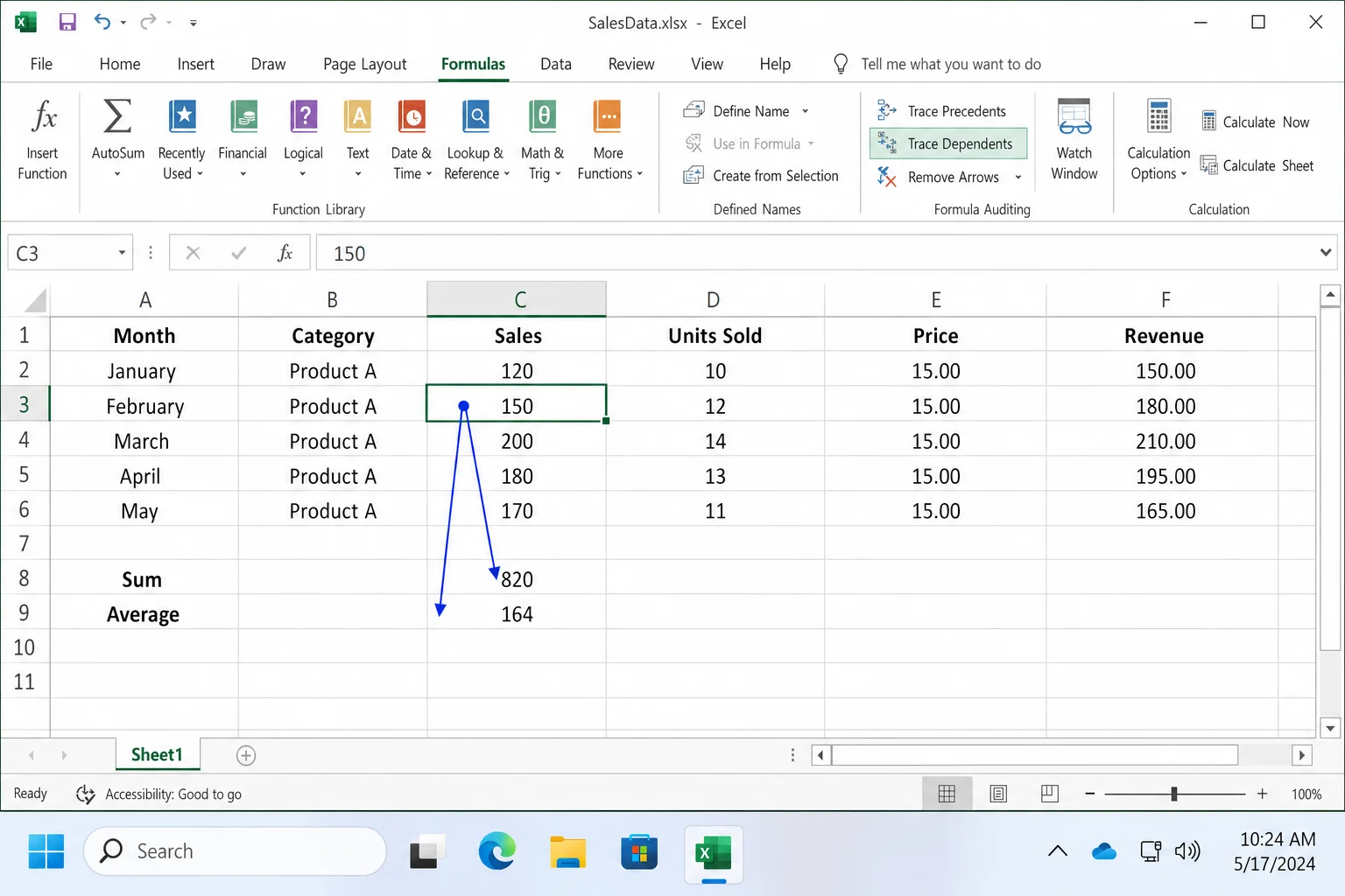 Excel worksheet showing cell C3 selected with solid blue arrows pointing to dependent cells (sum and average) on the same