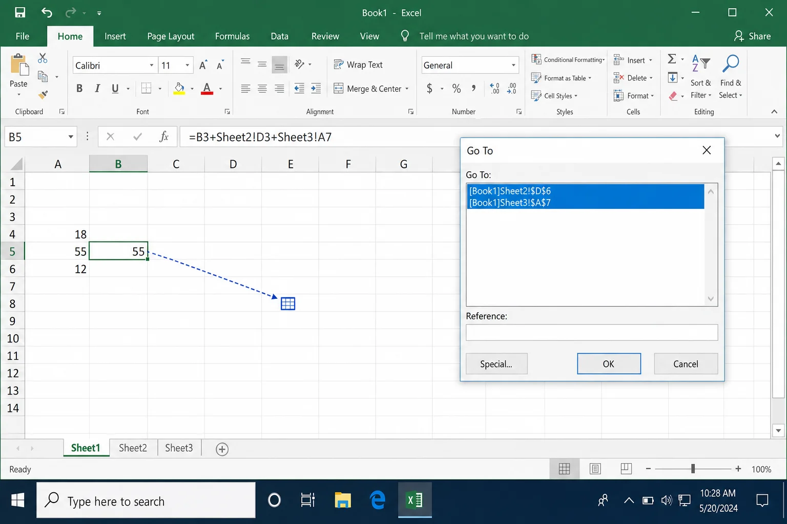 Excel worksheet showing cell C3 selected with a dashed blue arrow pointing to a worksheet icon, indicating a dependent cell