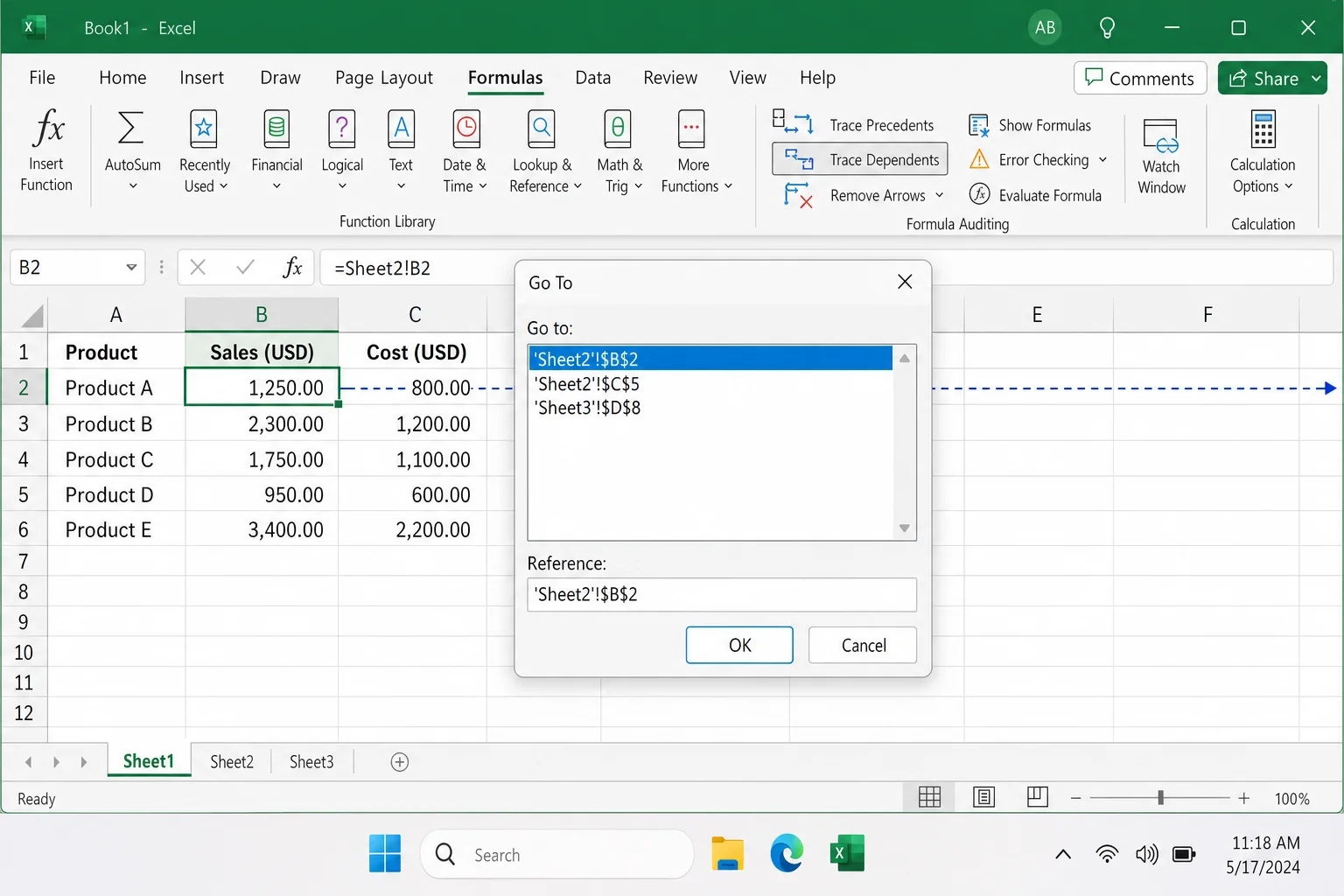 Excel Go To dialog box showing a list of cross-sheet dependent cell references, with one selected and the OK button visible