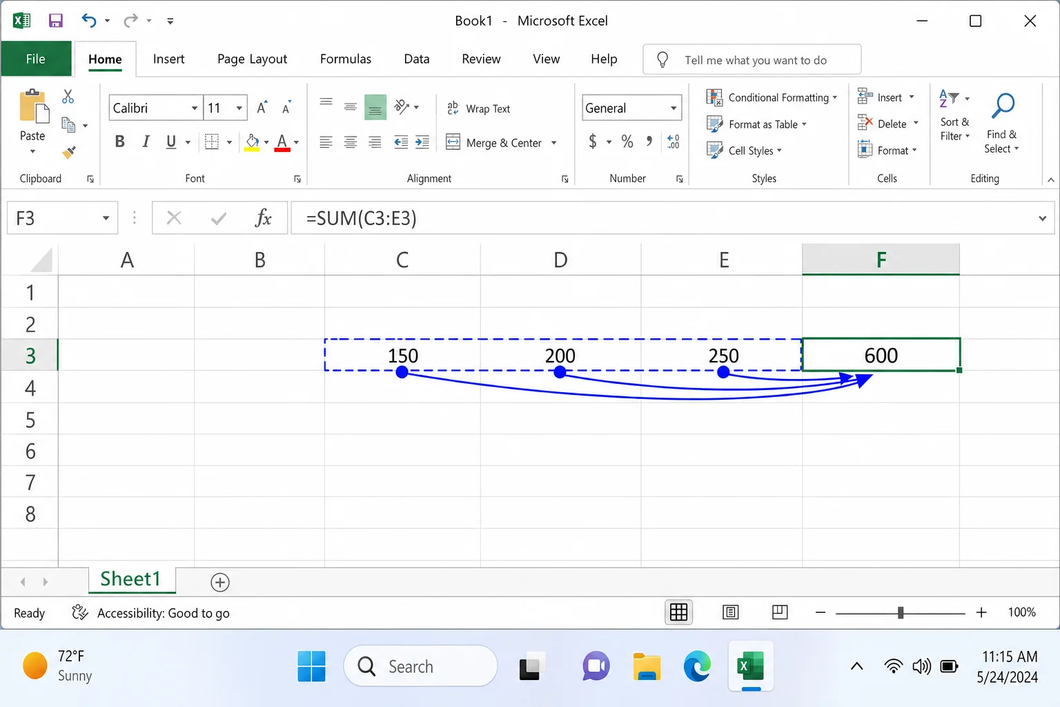Excel worksheet showing a SUM cell selected with solid blue arrows pointing inward from the three input cells (C3, D3, E3)