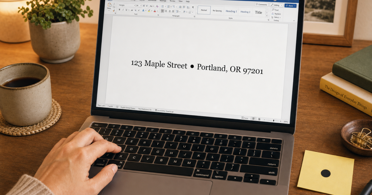 Person's hand typing on a laptop showing the address '123 Maple Street • Portland, OR 97201' on the screen.