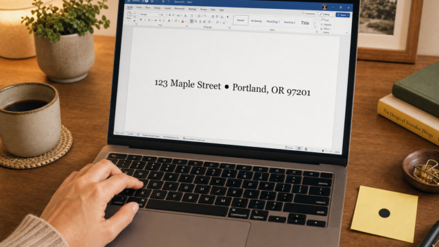 Person's hand typing on a laptop showing the address '123 Maple Street • Portland, OR 97201' on the screen.