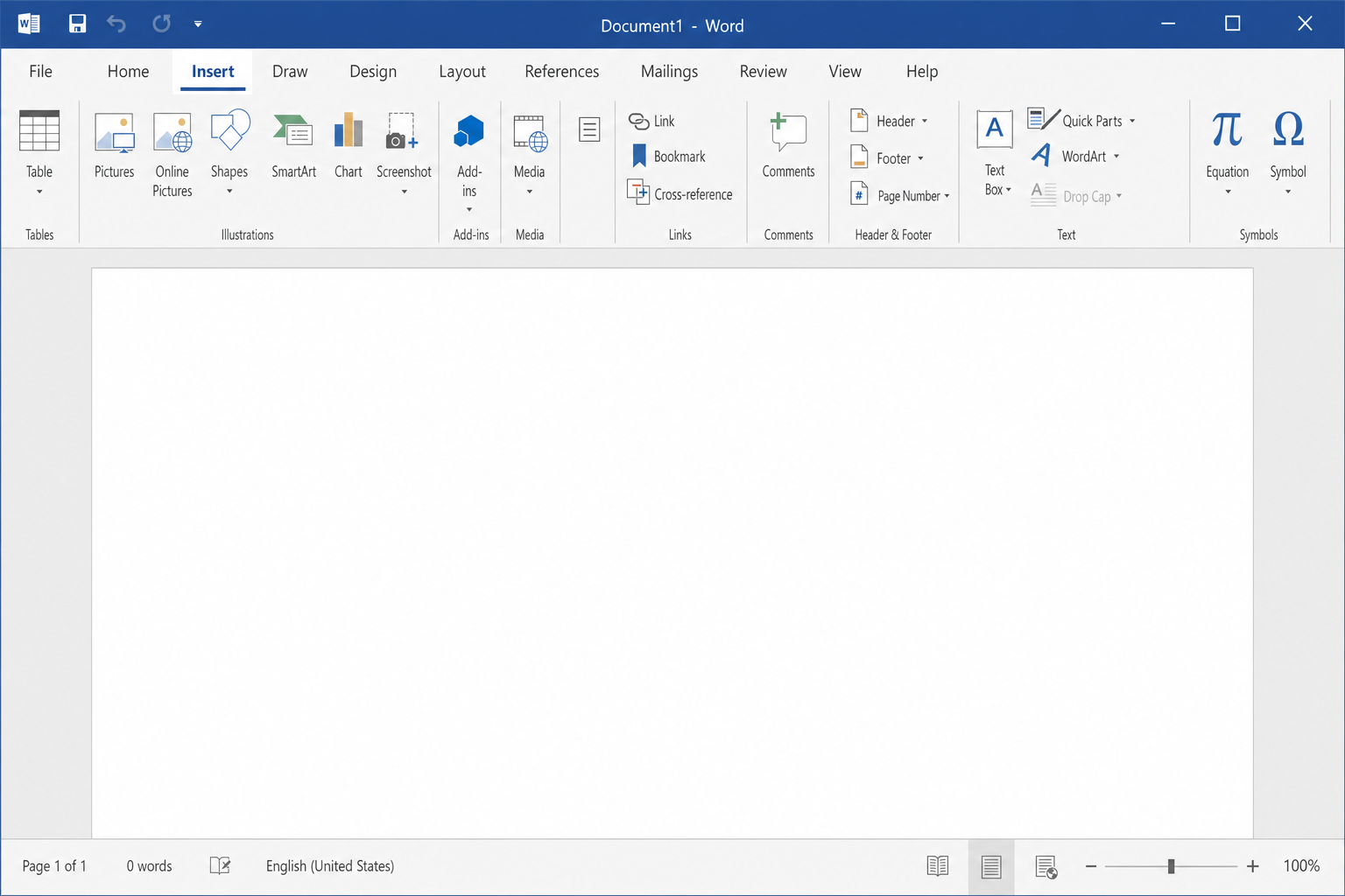 Word ribbon with the Insert tab selected, showing the Symbols group on the far right