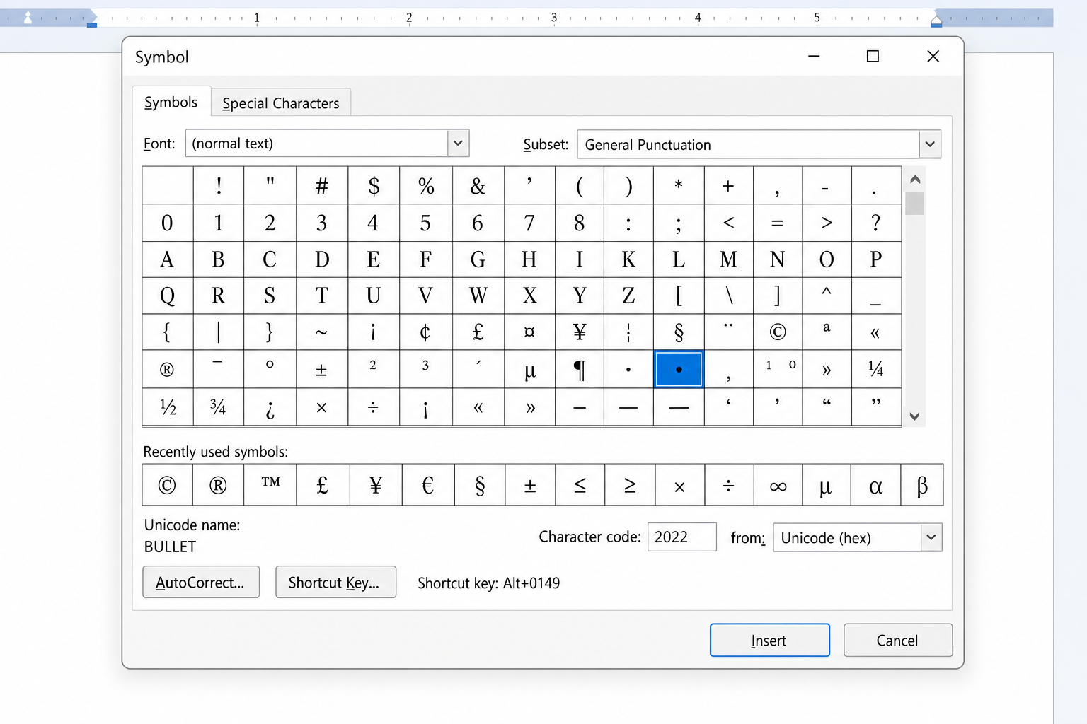 Word Symbol dialog box with a bullet character selected in the General Punctuation subset and the Insert button visible