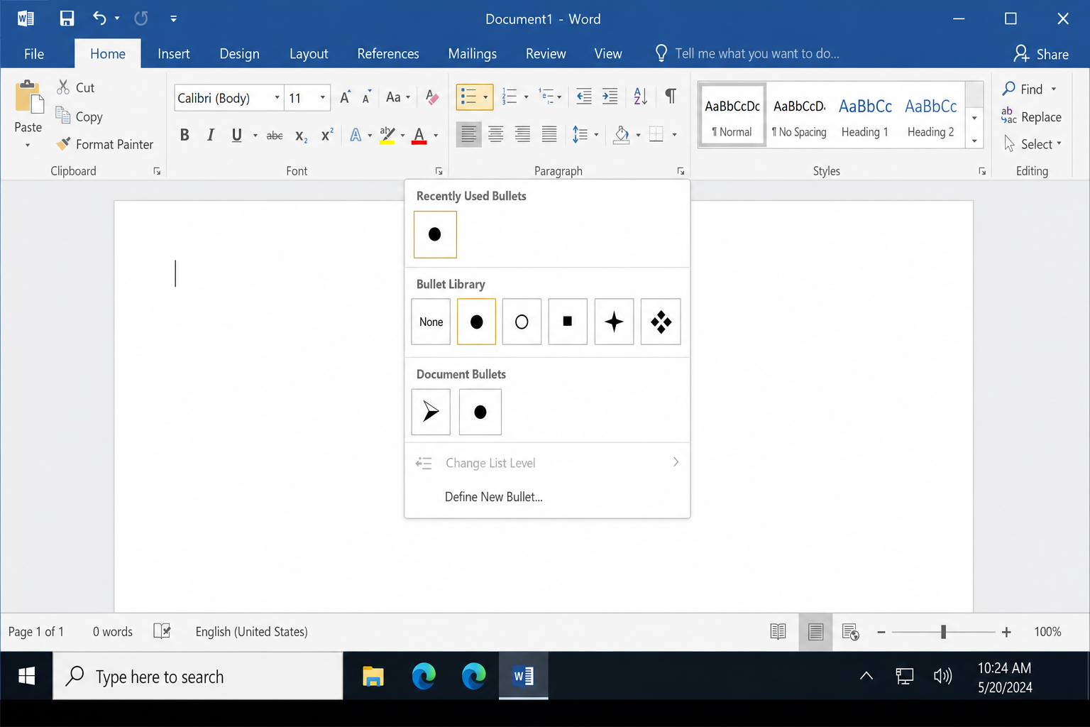 Word Home tab with the Paragraph group visible, Bullets button highlighted