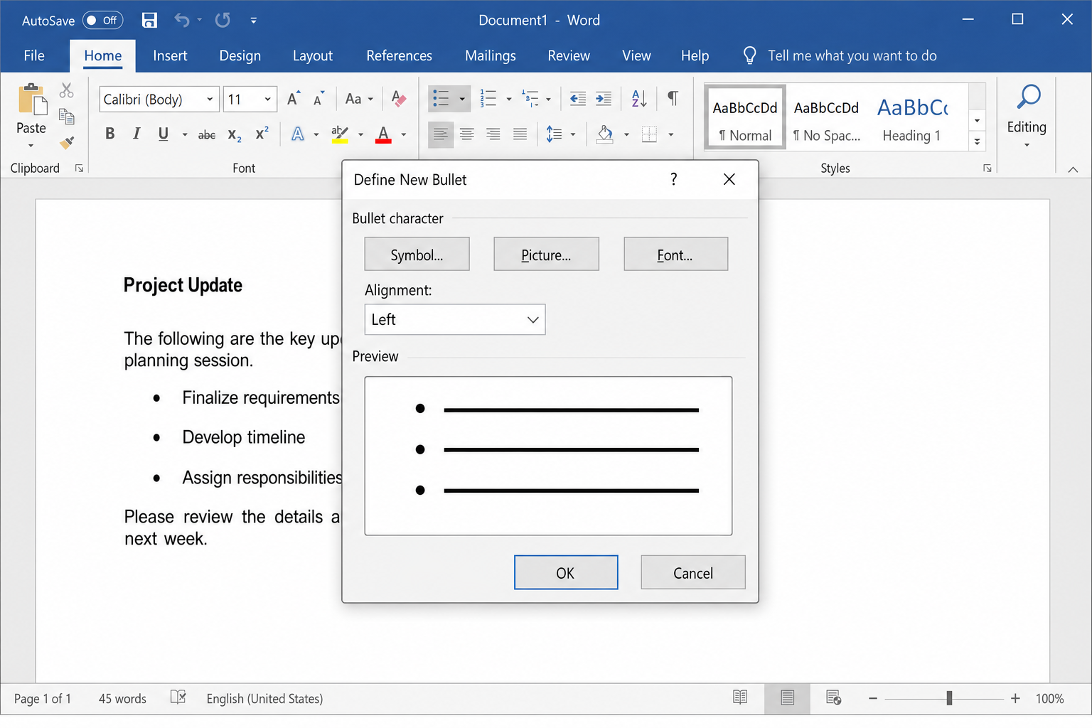Word Define New Bullet dialog with Symbol and Picture options visible