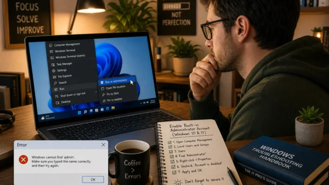 Laptop screen shows Windows 11 with 'Run as administrator' context menu open and an error: "Windows cannot find 'admin'"