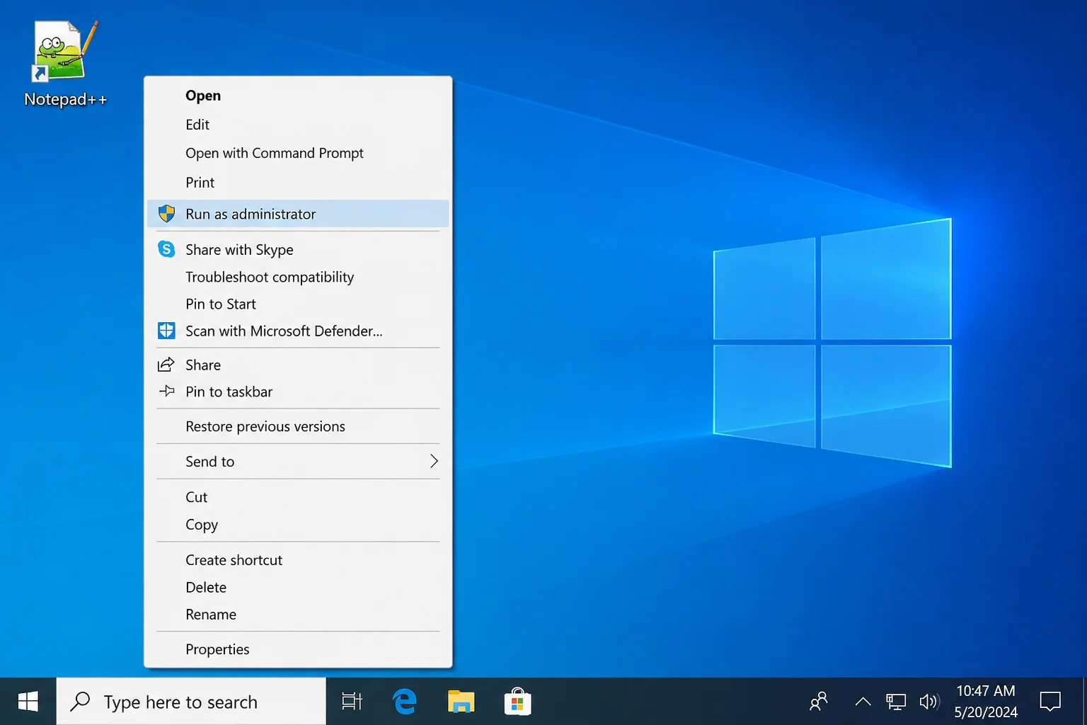 Right-click context menu on a program shortcut or installer with "Run as administrator" option highlighted