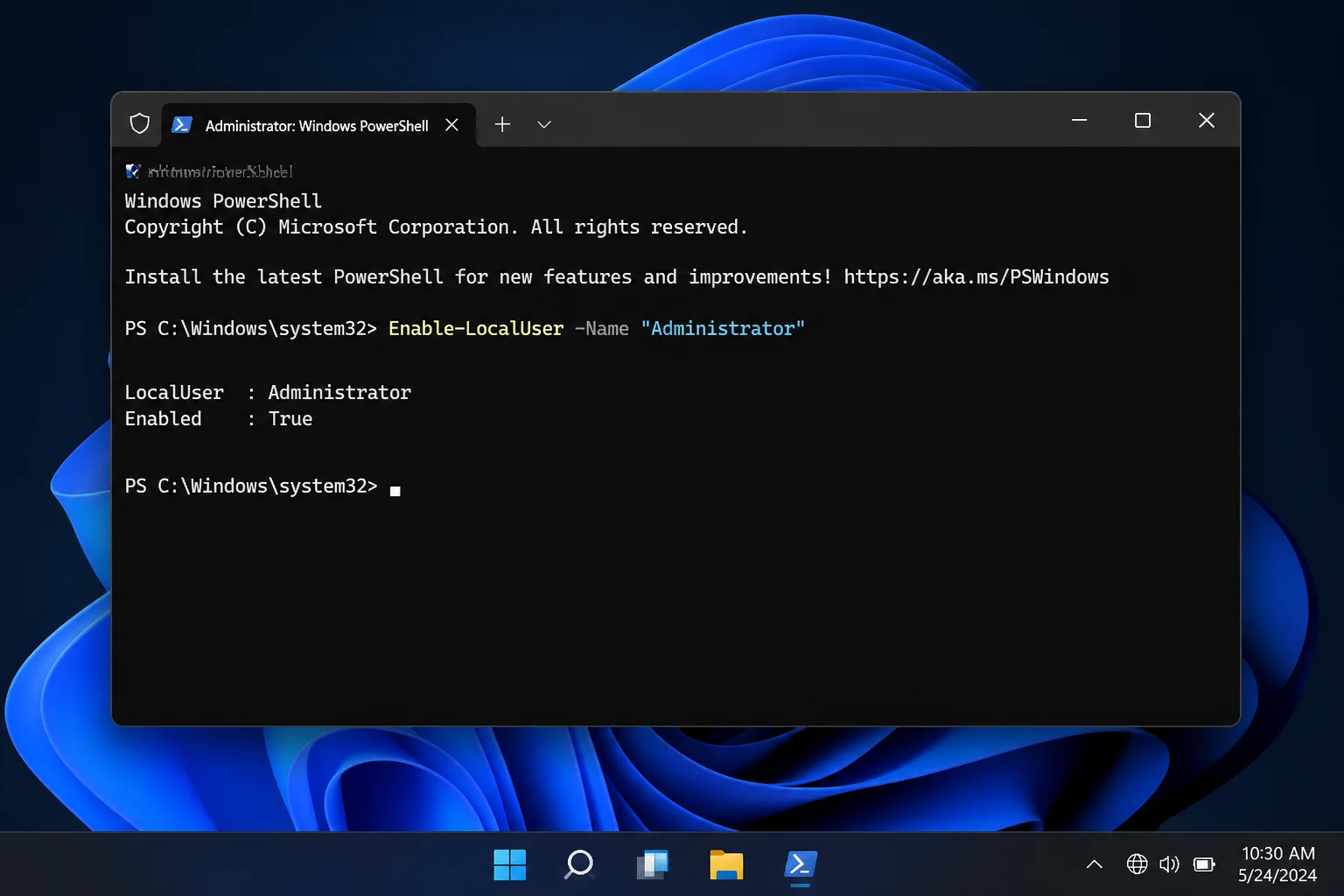 Elevated PowerShell or Windows Terminal window with "Enable-LocalUser -Name 'Administrator'" entered and no error output