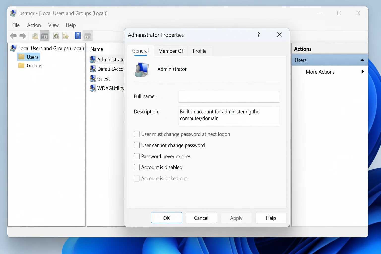 Local Users and Groups (lusrmgr.msc) with the Administrator account Properties dialog open on the General tab, showing the