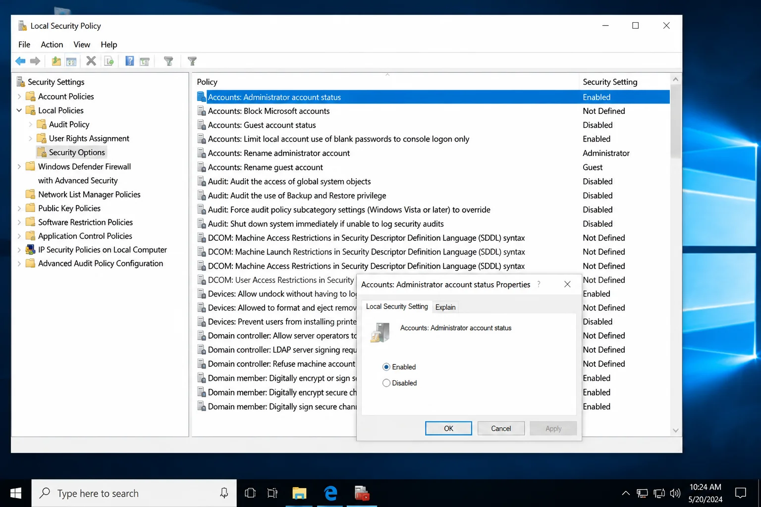 Local Security Policy (secpol.msc) showing the Security Options list with "Accounts: Administrator account status" visible