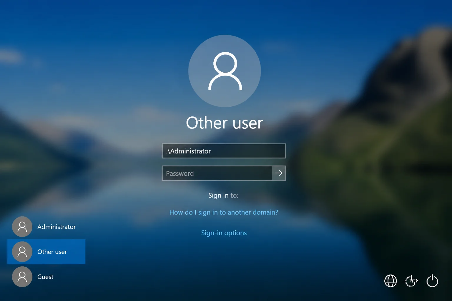 Windows 10/11 login screen with "Other user" selected and ".\Administrator" typed in the username field