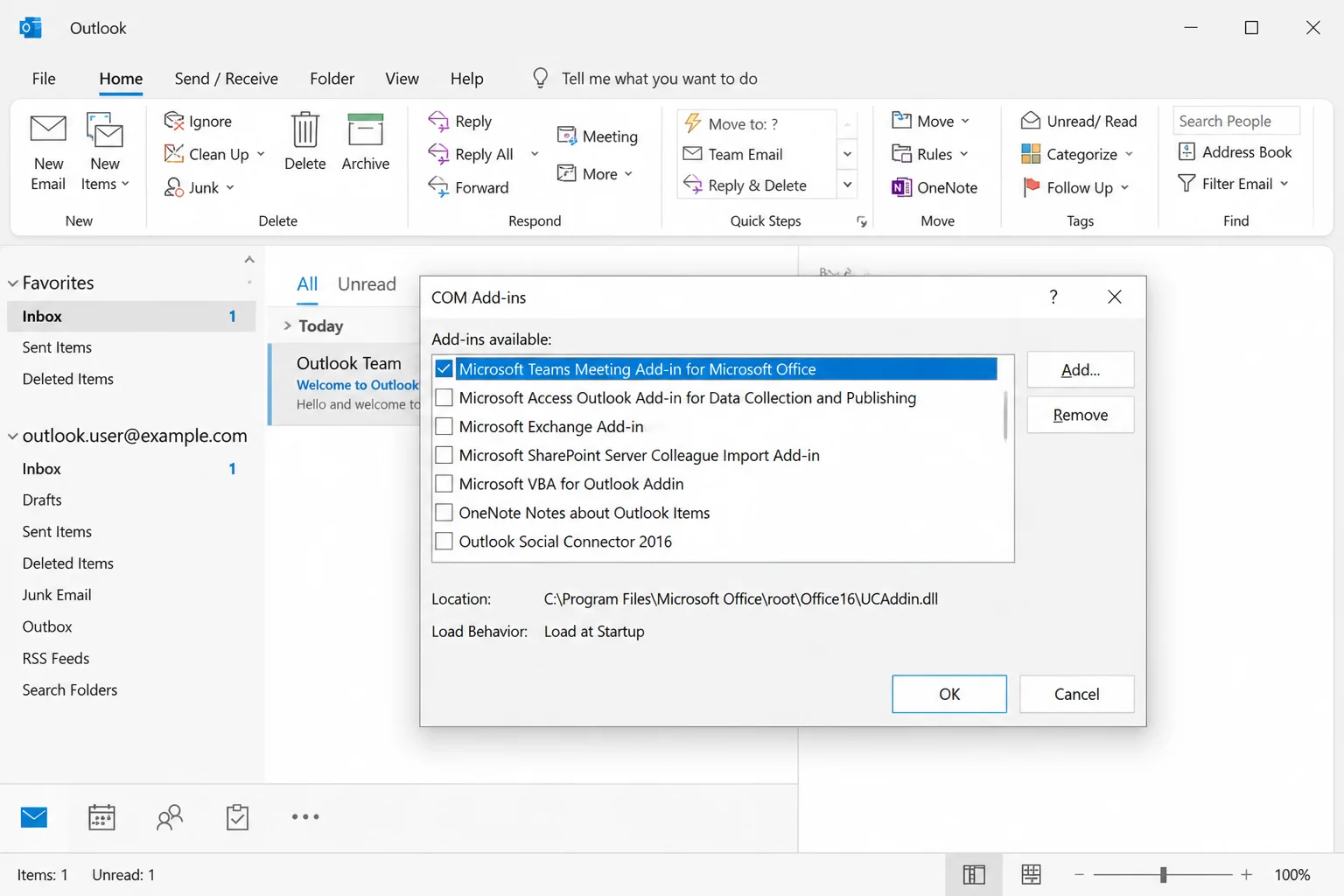 COM Add-ins dialog listing installed add-ins with checkboxes, showing the Microsoft Teams Meeting Add-in for Microsoft Office entry checked