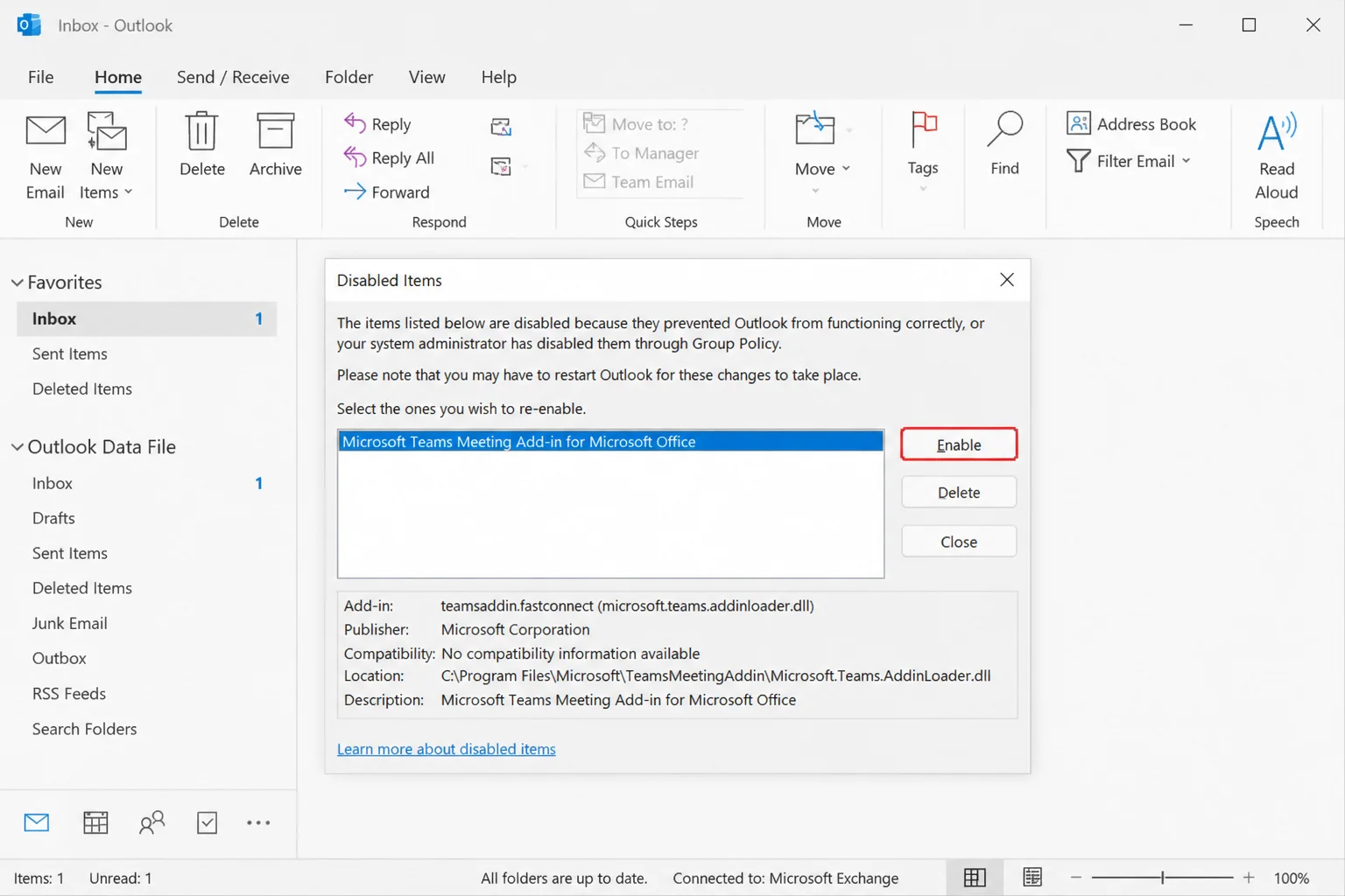 Disabled Items dialog in classic Outlook with the Teams Meeting Add-in selected and the Enable button highlighted