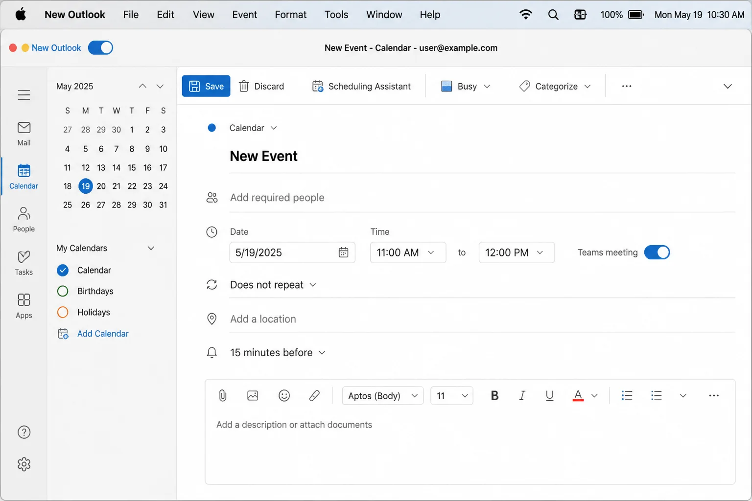 New event window in New Outlook showing the native Teams meeting toggle switch near the location and time fields