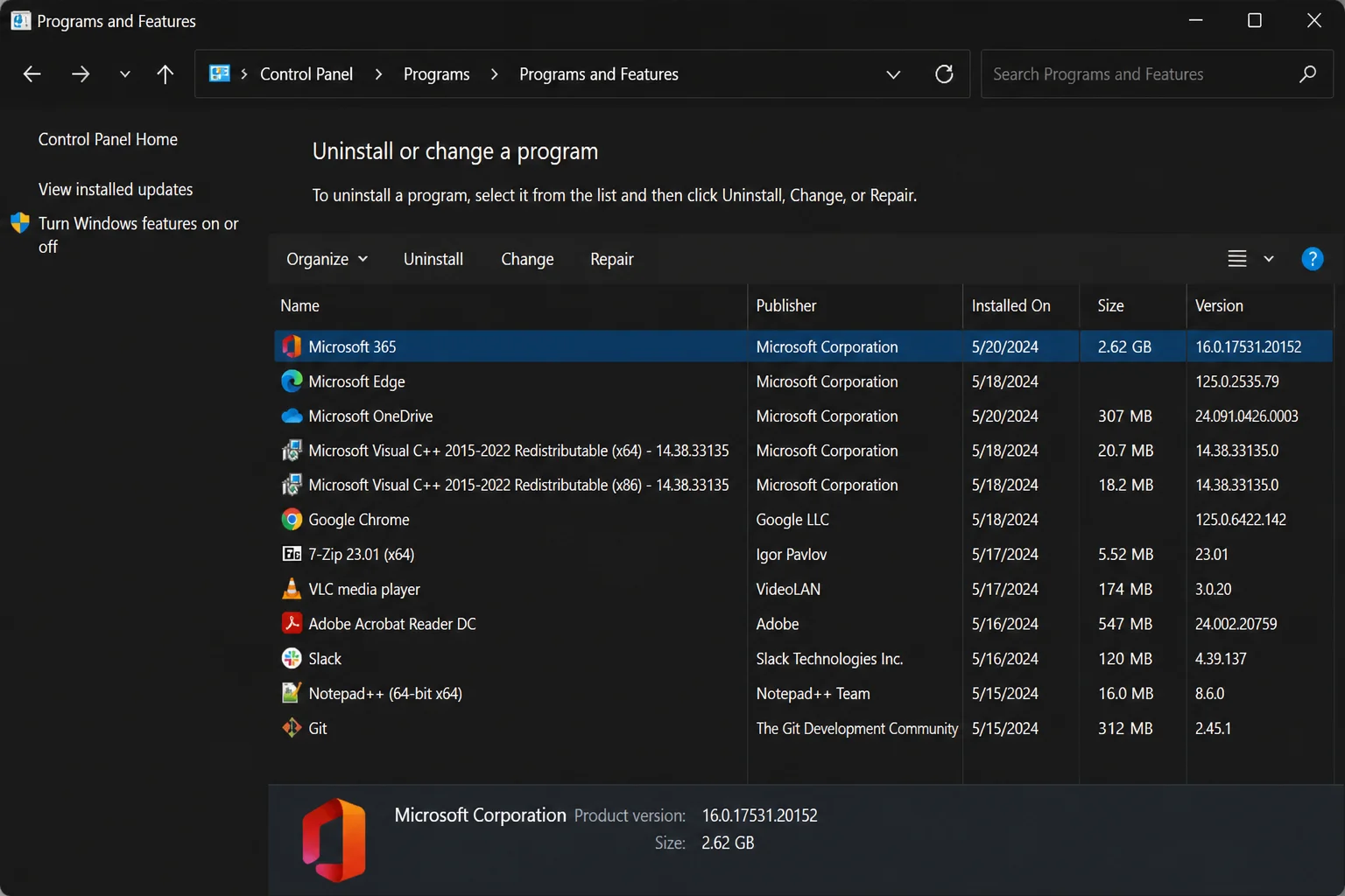 Windows Programs and Features list with Microsoft 365 selected and the Change button visible