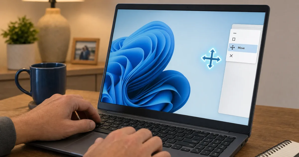 Hands typing on a dark laptop at a wooden desk with a blue mug, plant, lamp, and framed photo in the background.