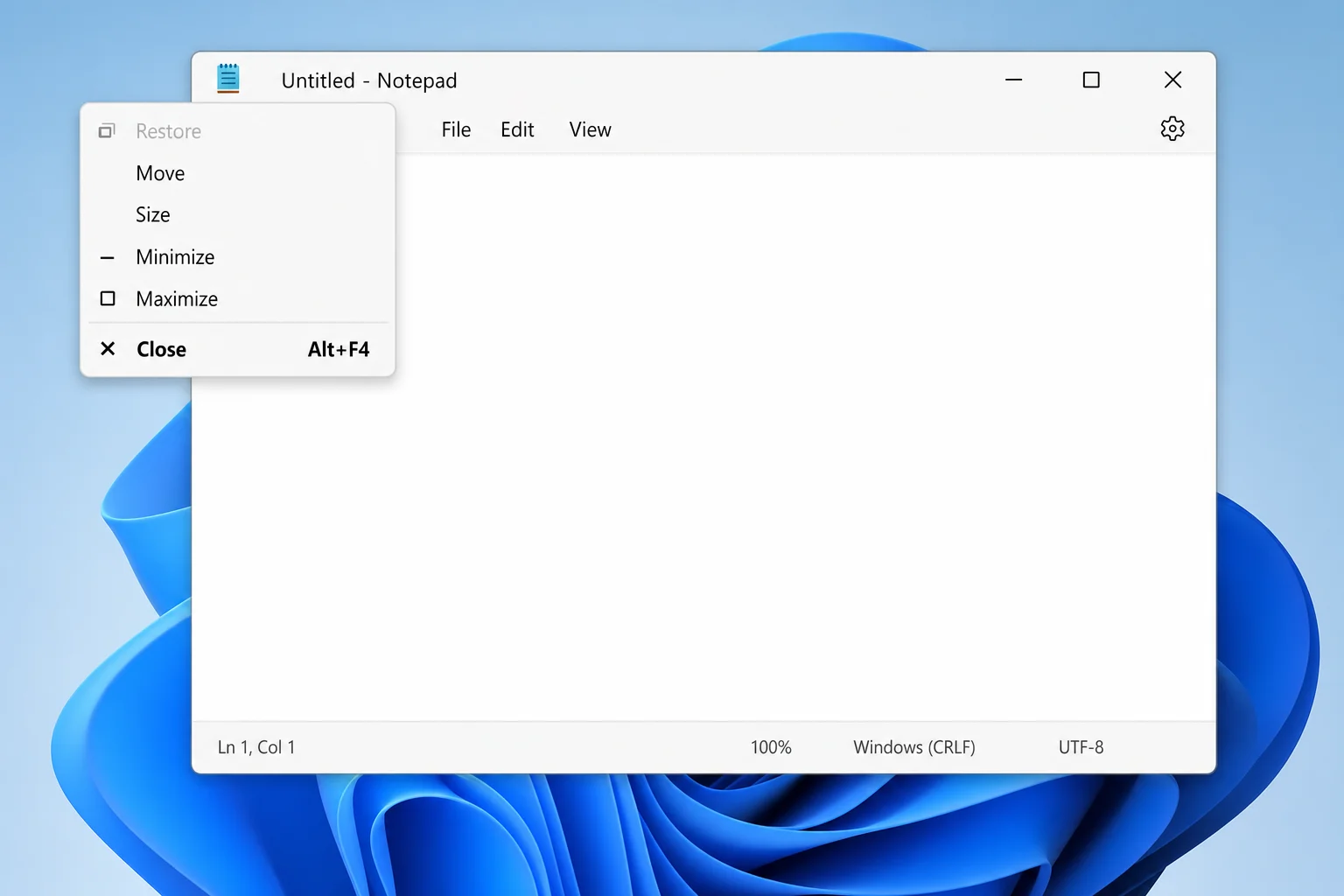 Windows 11 window with the Alt+Space system menu open in the top-left corner, showing options including Restore, Move, Size, Minimize, Maximize, and Close