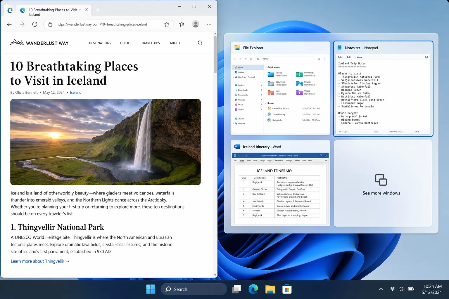 Windows 11 desktop with one window snapped to the left half and Snap Assist showing available windows to fill the right half