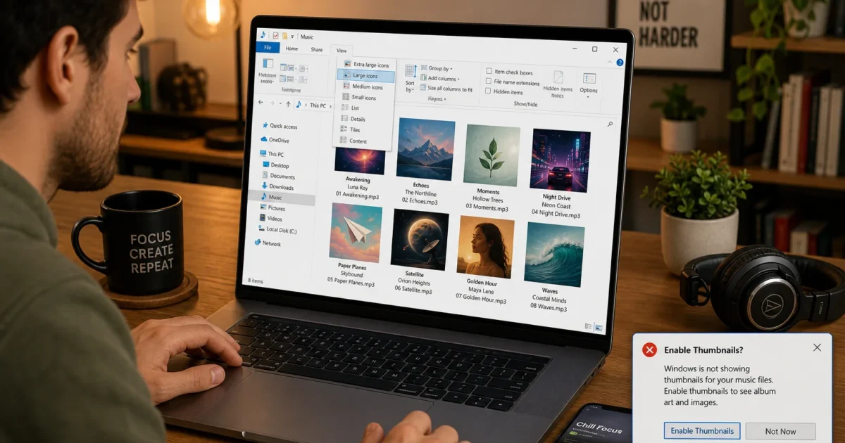 Person viewing a music folder on a laptop, Windows Explorer showing album art thumbnails with an 'Enable Thumbnails' popup in the corner; mug says 'FOCUS CREATE REPEAT' nearby.