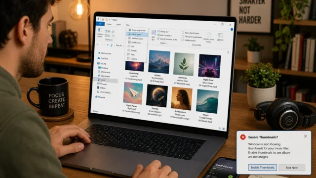 Person viewing a music folder on a laptop, Windows Explorer showing album art thumbnails with an 'Enable Thumbnails' popup in the corner; mug says 'FOCUS CREATE REPEAT' nearby.
