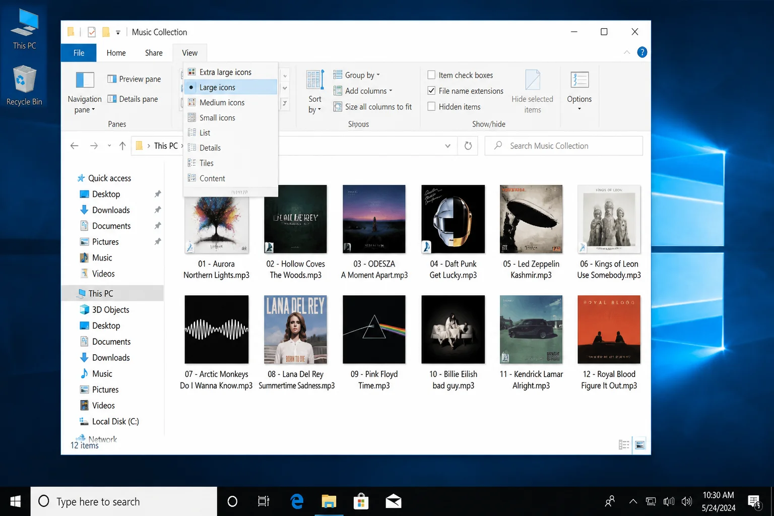 File Explorer View menu open with Large icons highlighted, showing MP3 files in icon view with album art thumbnails visible