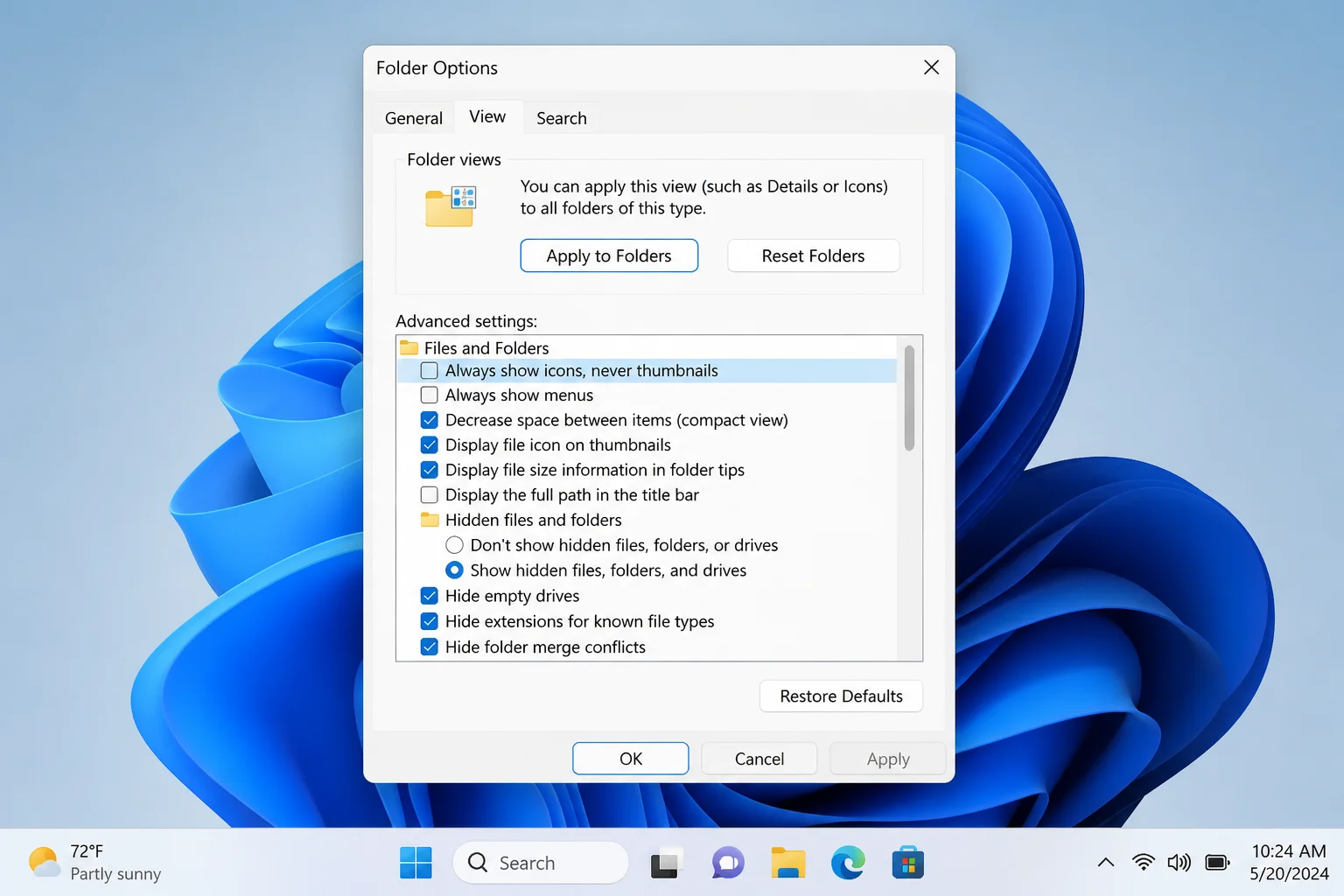 File Explorer Folder Options dialog on the View tab, with "Always show icons, never thumbnails" checkbox unchecked and