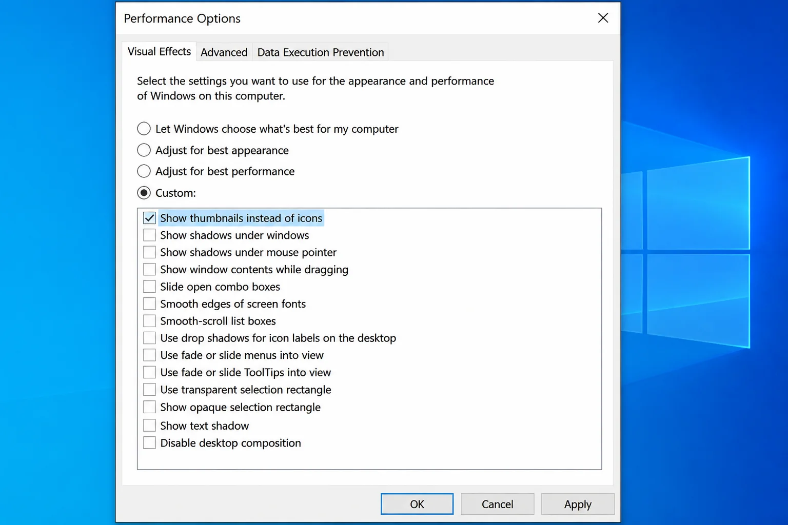 Performance Options dialog on the Visual Effects tab, with "Show thumbnails instead of icons" checkbox checked and